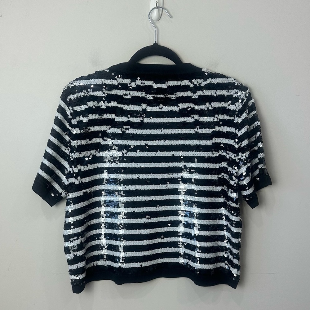 Jcrew Sequin T Shirt Black White Stripe Short Sleeve - Picture 2 of 7
